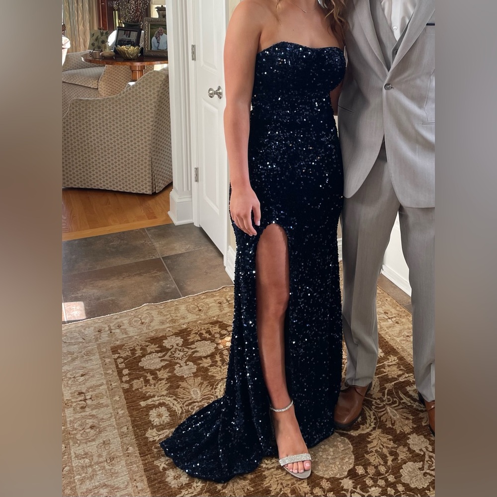 Strapless Navy Sequin Prom Gown with Front Slit